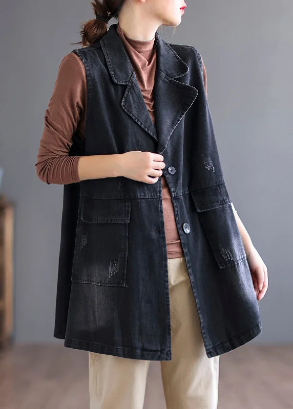 Black Peter Pan Collar Button Denim Waistcoat Long Sleeve Trendy Faux Fur Waistcoat