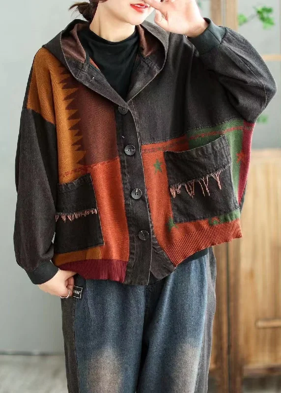 Black Pockets Patchwork Original Denim Coat Hooded Spring Hooded Jacket Zipper Jacket Button Jacket Black Pockets Patchwork Original Denim Coat Hooded Spring Hooded Jacket Zipper Jacket Button Jacket