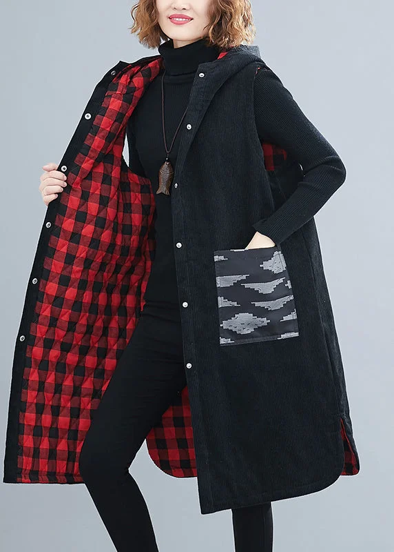 Black Side Open Corduroy Hooded Waistcoat Sleeveless Cozy Wool Blend Waistcoat