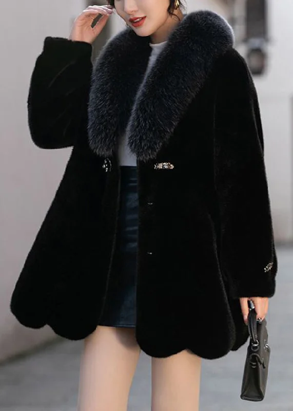 Black Slim Fit Mink Velvet Coat Fox Collar Pockets Winter Trim Padded Insulated