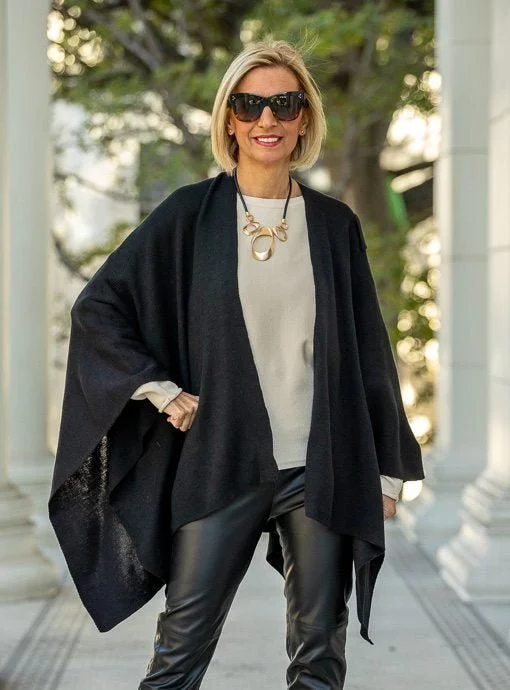 Black Textured Knit Ruana Wrap Shawl With A Loop Luxurious Cashmere Shawl Wrap