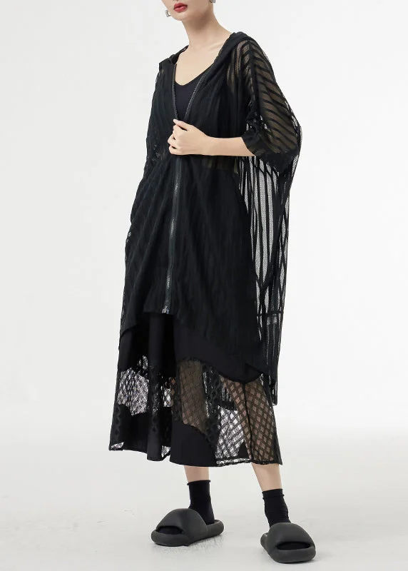Black Zippered Pockets Patchwork Tulle UPF 50+ Coat Hooded Summer Raincoat Turtleneck Coat Wrap Coat Black Zippered Pockets Patchwork Tulle UPF 50+ Coat Hooded Summer Raincoat Turtleneck Coat Wrap Coat