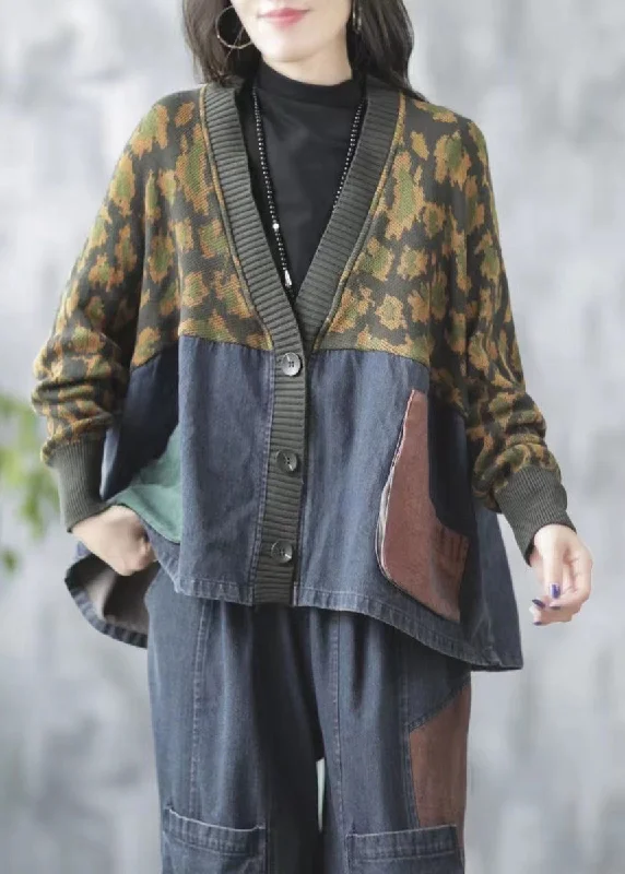Blue Pockets Print Knit Patchwork Knit Denim Coat V Neck Fall Pleated Ruffled tiered Blue Pockets Print Knit Patchwork Knit Denim Coat V Neck Fall Pleated Ruffled tiered