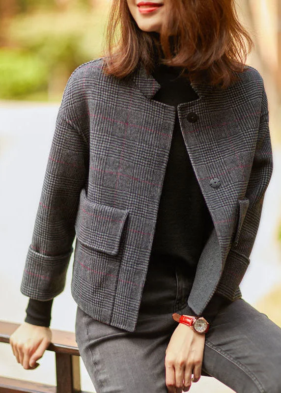 Boho Grey Plaid retro Loose Pockets Button Fall Winter Coat Jersey Tulle Batik