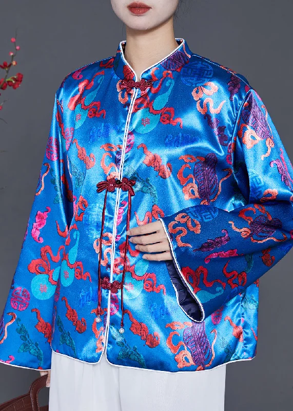 Boutique Blue Tasseled Jacquard Silk Coat Spring Satin Silk Chiffon