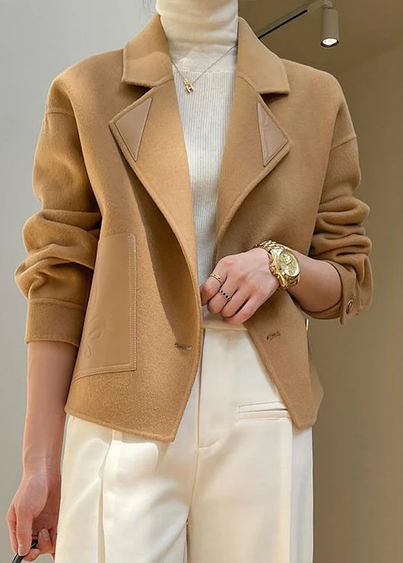 Camel Pockets Patchwork Woolen Coat Button Long Sleeve Knit Woven Fleece