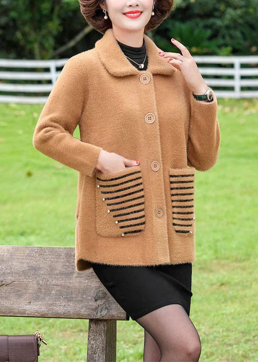Camel Warm Mink Hair Knitted Coat Outwear Nail Bead Pockets Winter Solid Print Jacquard Camel Warm Mink Hair Knitted Coat Outwear Nail Bead Pockets Winter Solid Print Jacquard