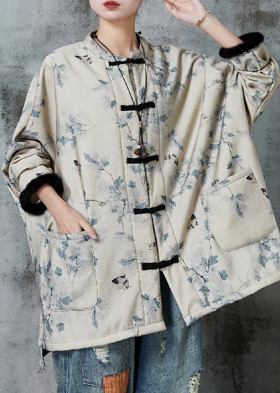 Casual Apricot Oversized Print Warm Fleece Coat Outwear Spring Vent Hem Cuff