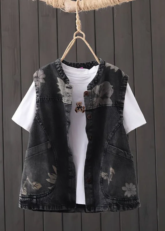 Casual Black O-Neck Print Pockets Button Denim Waistcoat Sleeveless Trendy Utility Waistcoat Jacket Casual Black O-Neck Print Pockets Button Denim Waistcoat Sleeveless Trendy Utility Waistcoat Jacket