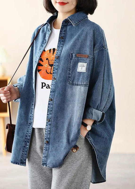 Casual Blue Peter Pan Collar Oversized Applique Cotton Denim Coat Spring Cardigan Sweater Pullover Casual Blue Peter Pan Collar Oversized Applique Cotton Denim Coat Spring Cardigan Sweater Pullover