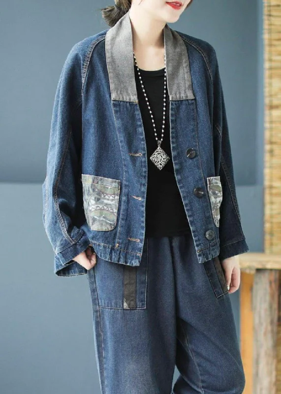 Casual Blue Pockets Button Patchwork Print Fall Denim Long sleeve Coat Shawl Collar Notch Collar Lapel Collar Casual Blue Pockets Button Patchwork Print Fall Denim Long sleeve Coat Shawl Collar Notch Collar Lapel Collar