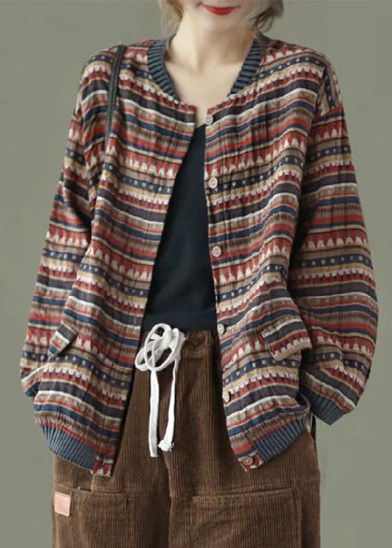 Casual Coffee Striped Pockets Patchwork Cotton Coat Fall Lapel Coat Peter Pan Collar Coat Cowl Neck Coat