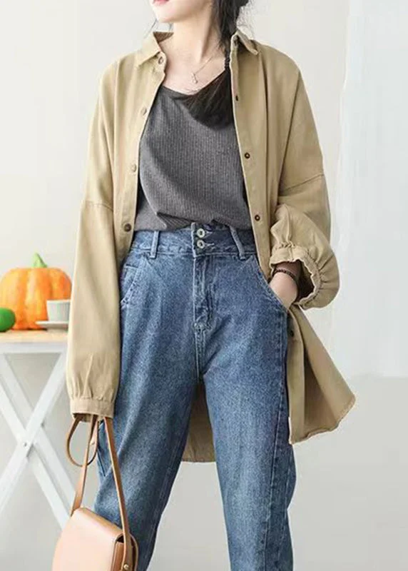 Casual Khaki Peter Pan Collar Pockets Button Mid Coat Lantern Sleeve Hook-and-Loop Buckled Tied Casual Khaki Peter Pan Collar Pockets Button Mid Coat Lantern Sleeve Hook-and-Loop Buckled Tied