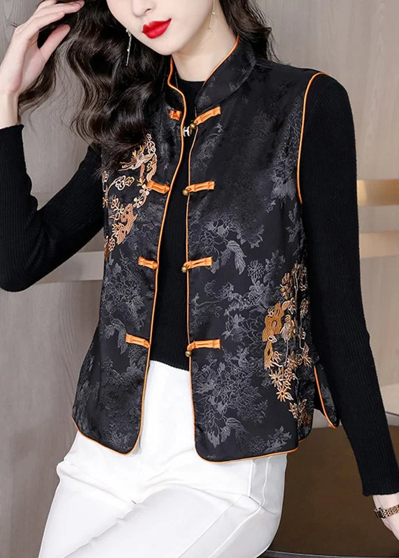 Chic Black Stand Collar Embroideried Floral Button Silk Waistcoat Sleeveless Warm Quilted Waistcoat Vest Chic Black Stand Collar Embroideried Floral Button Silk Waistcoat Sleeveless Warm Quilted Waistcoat Vest