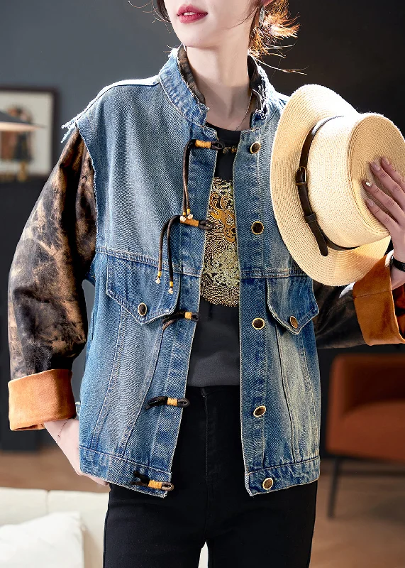 Chic Blue Button Print Patchwork Denim Coat Spring Stand-Up Roll-Neck Turtle