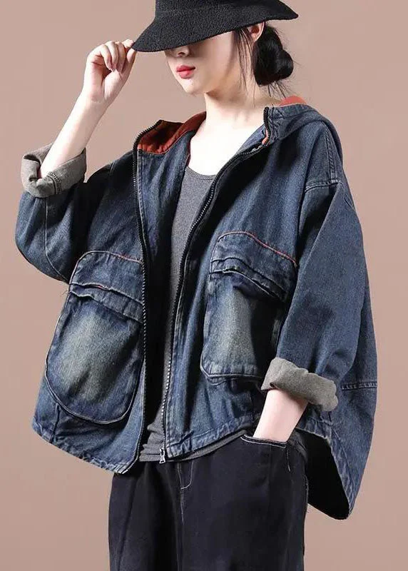Chic Blue Hooded Pockets zippered Fall Denim Coat Long sleeve Cotton Linen Terry