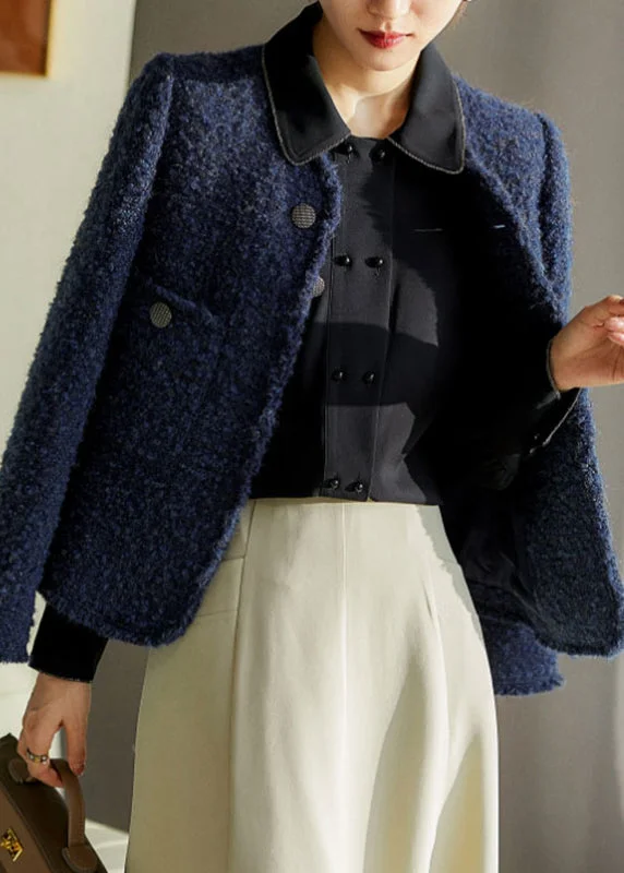 Chic Blue V Neck Button Pockets Ma Hai mao Coat Long Sleeve Striped Polka Dot Floral Chic Blue V Neck Button Pockets Ma Hai mao Coat Long Sleeve Striped Polka Dot Floral