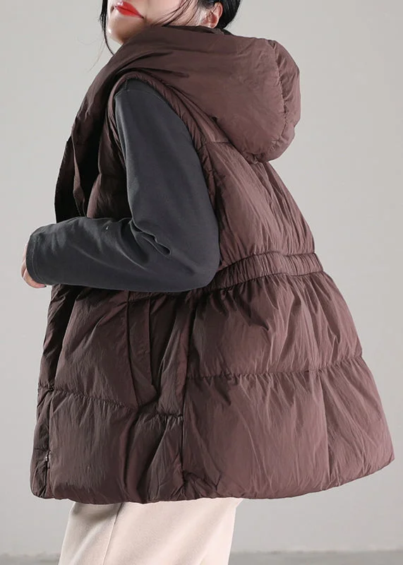 Chic Coffee Drawstring Duck Down Hooded Waistcoat Winter Stylish Open-Front Waistcoat Chic Coffee Drawstring Duck Down Hooded Waistcoat Winter Stylish Open-Front Waistcoat