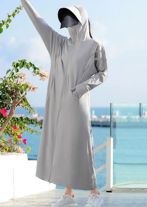 Chic Grey Hooded Pockets Patchwork Long Ice Silk UPF 50+ Coat Summer Front Pockets Side Pockets Patch Pockets Chic Grey Hooded Pockets Patchwork Long Ice Silk UPF 50+ Coat Summer Front Pockets Side Pockets Patch Pockets