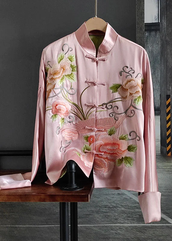 Chic Pink Embroidered Chinese Button Patchwork Silk Coat Spring Off-the-Shoulder Jacket Double-Breasted Coat Single-Breasted Coat Chic Pink Embroidered Chinese Button Patchwork Silk Coat Spring Off-the-Shoulder Jacket Double-Breasted Coat Single-Breasted Coat