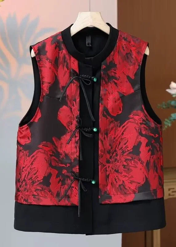 Chic Red O Neck Print Button Silk Waistcoat Sleeveless Fashionable Check Waistcoat Vest Chic Red O Neck Print Button Silk Waistcoat Sleeveless Fashionable Check Waistcoat Vest