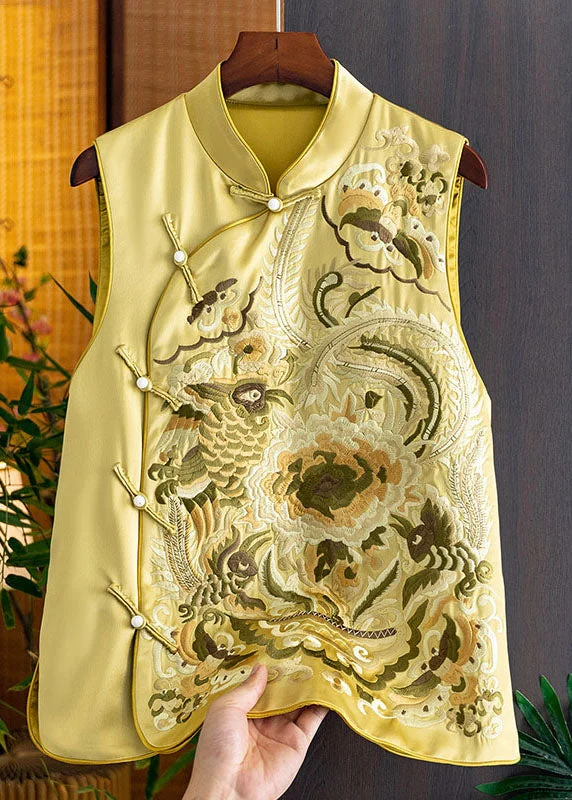 Chic Yellow Stand Collar Embroideried Side Open Silk Waistcoat Fall Chic Fitted Waistcoat Vest