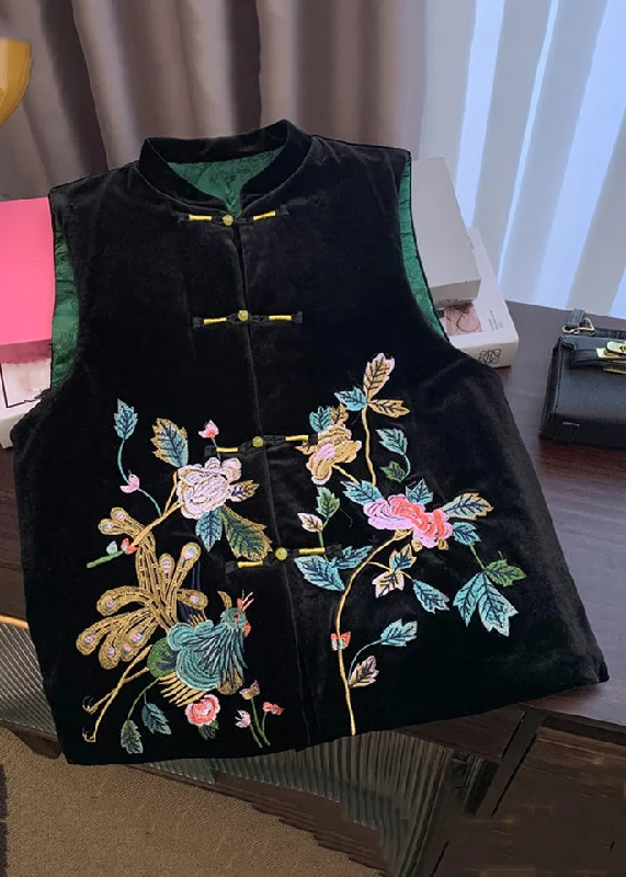 Chinese Style Black Embroidered Button Silk Velour Waistcoat Sleeveless Elegant Down-Filled Waistcoat Chinese Style Black Embroidered Button Silk Velour Waistcoat Sleeveless Elegant Down-Filled Waistcoat