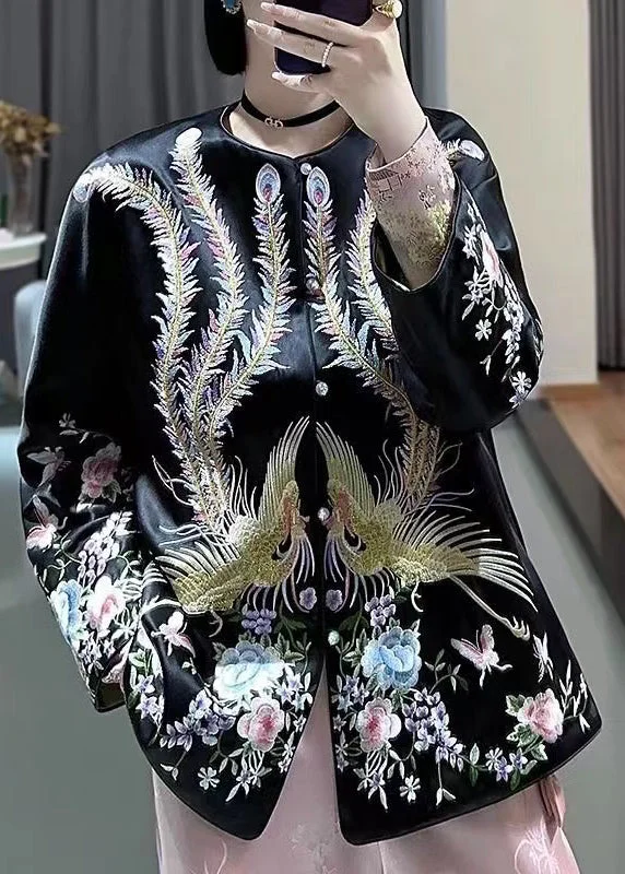 Chinese Style Black O Neck Embroideried Button Silk Coat Spring Sequined Lace Ribbed Chinese Style Black O Neck Embroideried Button Silk Coat Spring Sequined Lace Ribbed