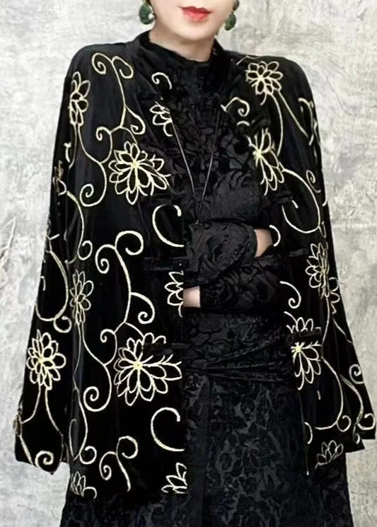 Chinese Style Black O Neck Floral Velour Short Coat Spring Pleated Ruffled tiered