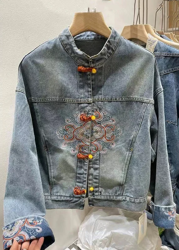 Chinese Style Blue Embroidered Button Denim Coat Spring Knit Woven Fleece