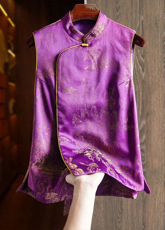 Chinese Style Casual Purple Stand Collar Print Patchwork Tie Waist Warm Silk Cotton Waistcoat Fall Stylish Quilted Waistcoat Vest Chinese Style Casual Purple Stand Collar Print Patchwork Tie Waist Warm Silk Cotton Waistcoat Fall Stylish Quilted Waistcoat Vest