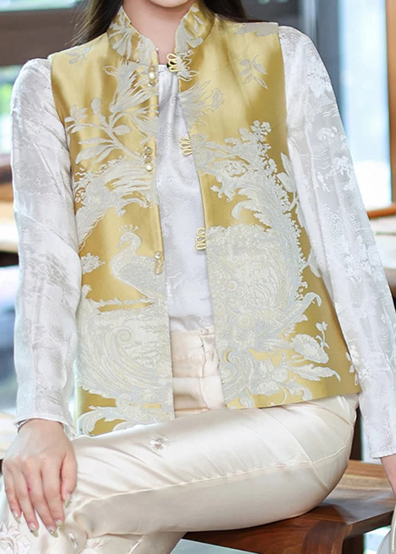 Chinese Style Yellow Stand Collar Print Side Open Waistcoat Spring Classic Button-Down Waistcoat Chinese Style Yellow Stand Collar Print Side Open Waistcoat Spring Classic Button-Down Waistcoat