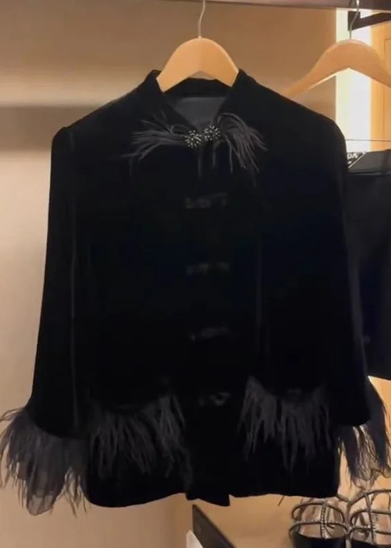 Classy Black Button Patchwork Silk Velvet Coat Spring Fleece Down Feather