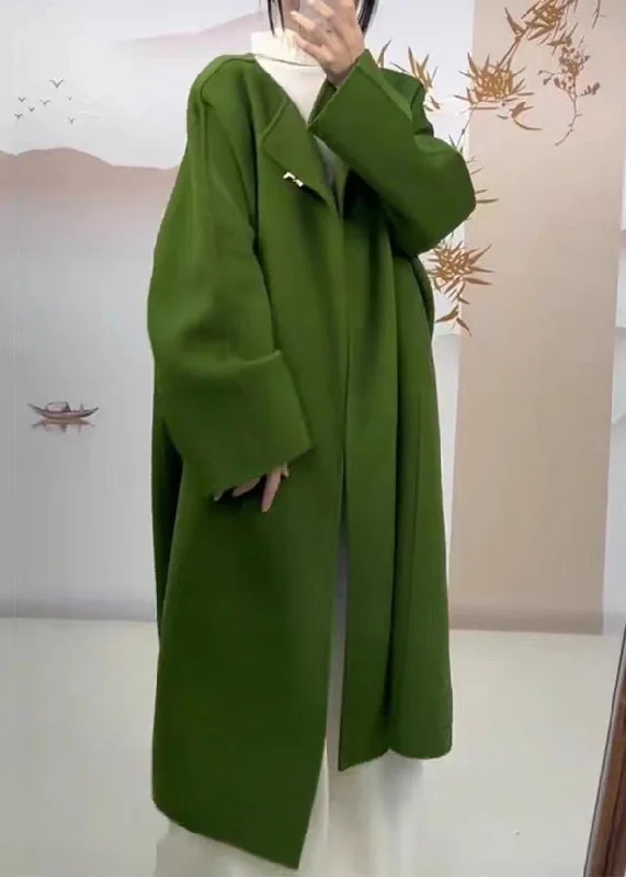Classy Green O Neck Pockets Plus Size Woolen Coat Fall Boat Neck Jacket Square Neck Jacket One-Shoulder Jacket
