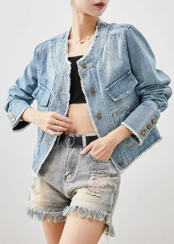 Classy Light Blue Silm Fit Denim Coat Outwear Spring Appliqued Beaded Sequined
