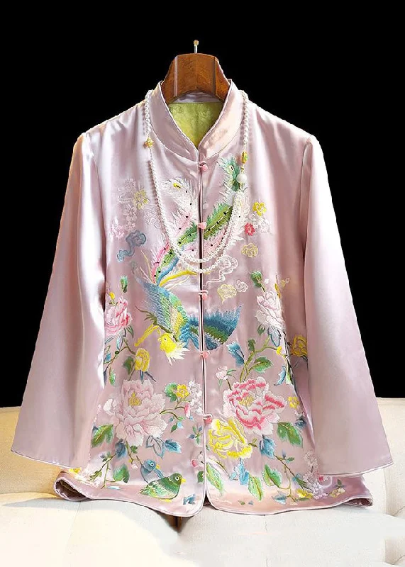 Classy Pink Stand Collar Embroidered Button Silk Coat Spring Mesh Canvas Denim