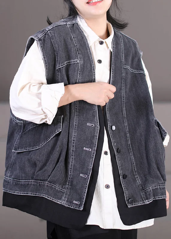 Dark Gray V Neck Patchwork Button Fake Two Pieces Denim Waistcoat Sleeveless Cozy Long Waistcoat Jacket Dark Gray V Neck Patchwork Button Fake Two Pieces Denim Waistcoat Sleeveless Cozy Long Waistcoat Jacket