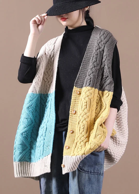 DIY Apricot V Neck Patchwork Knit Waistcoat Sleeveless Fashionable Belted Waistcoat