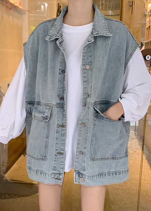 DIY Denim Blue Peter Pan Collar Pockets Patchwork Waistcoat Sleeveless Chic Fleece Waistcoat Jacket DIY Denim Blue Peter Pan Collar Pockets Patchwork Waistcoat Sleeveless Chic Fleece Waistcoat Jacket