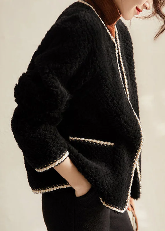 Elegant Black O Neck Pockets Patchwork Wool Coat Winter Cardigan Sweater Pullover