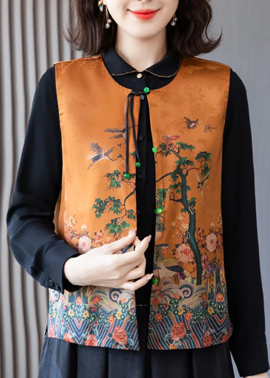 Elegant Orange O-Neck Print Button Side Open Silk Waistcoat Spring Chic Open-Front Waistcoat Vest Elegant Orange O-Neck Print Button Side Open Silk Waistcoat Spring Chic Open-Front Waistcoat Vest