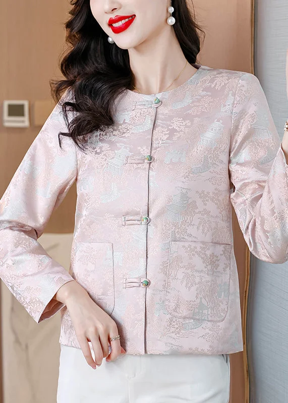 Elegant Pink O Neck Button Pockets Silk Coat Fall Tie-Waist Belted Drawstring
