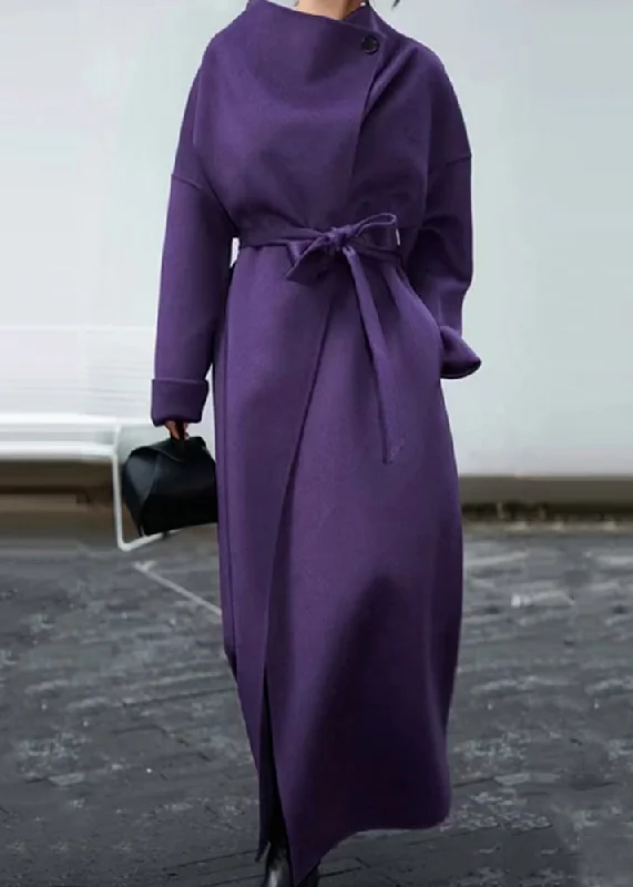 Elegant Purple Pockets Tie Waist Patchwork Woolen Coat Winter Shawl Collar Notch Collar Lapel Collar Elegant Purple Pockets Tie Waist Patchwork Woolen Coat Winter Shawl Collar Notch Collar Lapel Collar