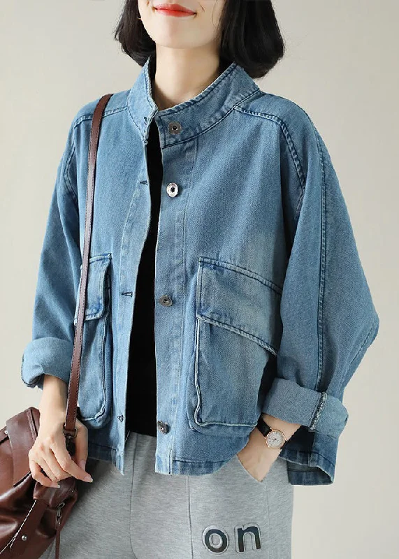 Fashion Blue Stand Collar Button Big Pockets Denim Coat Long Sleeve Fitted Loose Oversized Fashion Blue Stand Collar Button Big Pockets Denim Coat Long Sleeve Fitted Loose Oversized