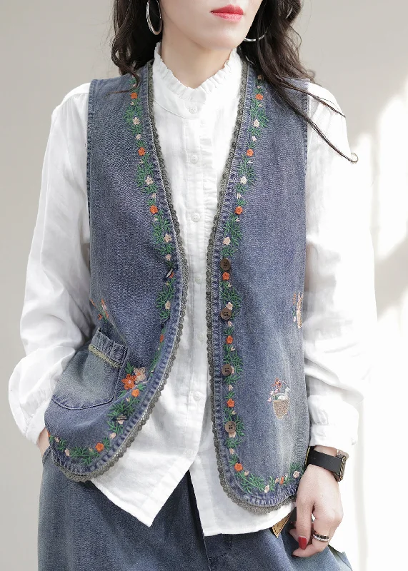Fashion Blue V Neck Embroideried Patchwork Denim Waistcoat Sleeveless Elegant Ribbed Waistcoat Vest Fashion Blue V Neck Embroideried Patchwork Denim Waistcoat Sleeveless Elegant Ribbed Waistcoat Vest
