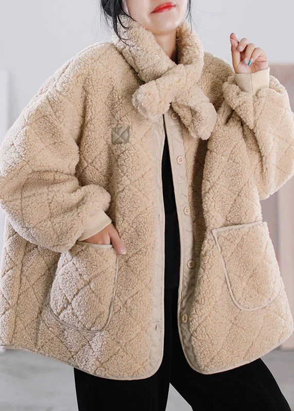 Fashion Khaki O-Neck Button Pockets Faux Fur Coat Winter Herringbone Houndstooth Plaid Fashion Khaki O-Neck Button Pockets Faux Fur Coat Winter Herringbone Houndstooth Plaid