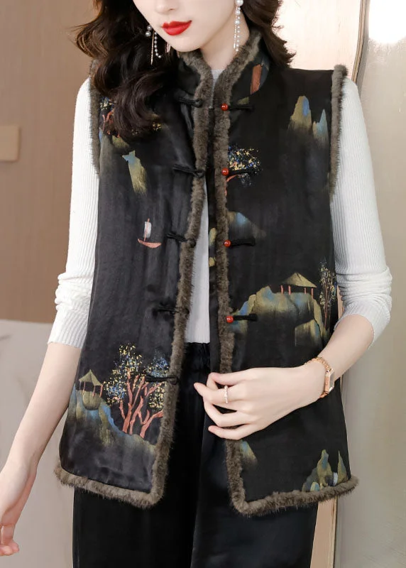 Fine Black Pockets Print Button Mink Hair Waistcoat Winter Stylish Open-Front Waistcoat Fine Black Pockets Print Button Mink Hair Waistcoat Winter Stylish Open-Front Waistcoat