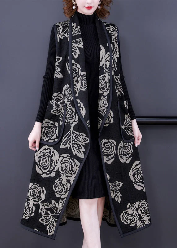 Fine Black V Neck Print Patchwork Long Knit Waistcoat Spring Stylish Belted Waistcoat Jacket Fine Black V Neck Print Patchwork Long Knit Waistcoat Spring Stylish Belted Waistcoat Jacket