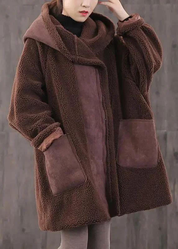 Fitted Coffee zippered Pockets Loose Thick Winter Long sleeve Hooded Coat Vent Hem Cuff Fitted Coffee zippered Pockets Loose Thick Winter Long sleeve Hooded Coat Vent Hem Cuff