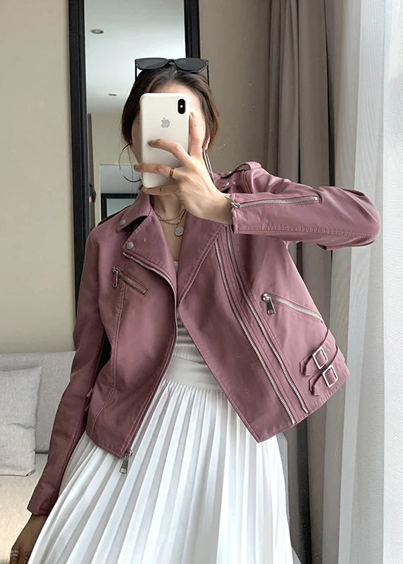Fitted Pink Zip Up Pockets Patchwork Faux Leather Coat Fall Vent Hem Cuff